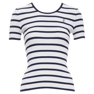 Chanel ribbed cotton nautical striped logo top